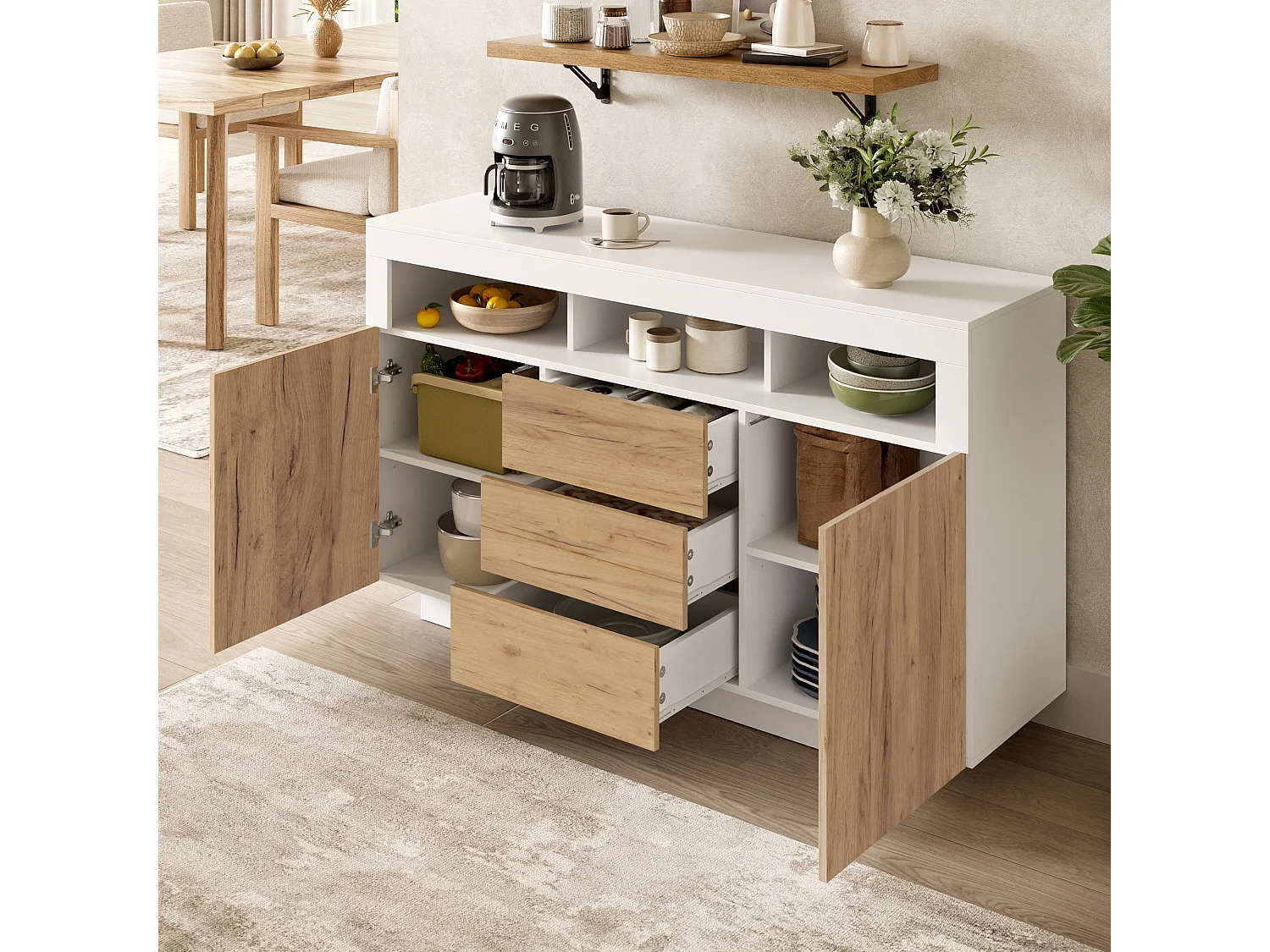 Modernes Sideboard fürs Wohnzimmer – 140 x 40 x 85 cm – mit 3 Schubladen und 2 Türen – Spanplatte – weiß + natur