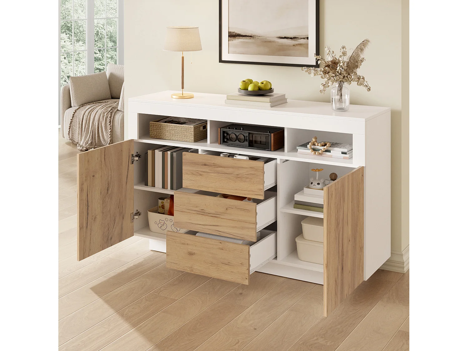 Modernes Sideboard fürs Wohnzimmer – 140 x 40 x 85 cm – mit 3 Schubladen und 2 Türen – Spanplatte – weiß + natur