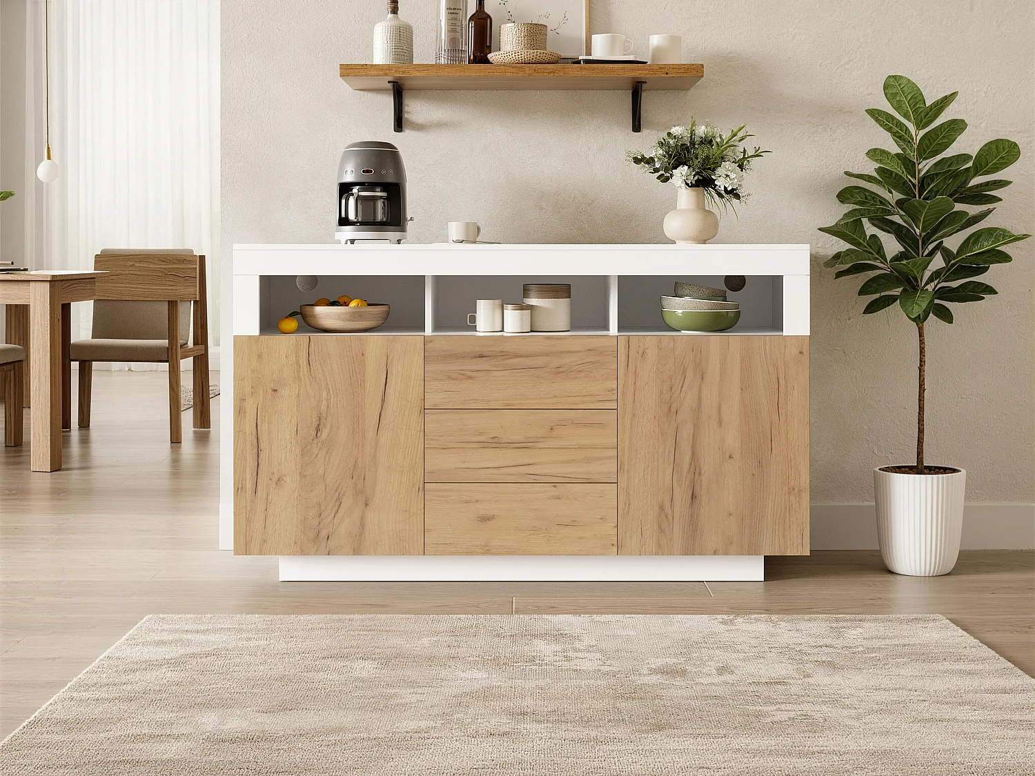 Modernes Sideboard fürs Wohnzimmer – 140 x 40 x 85 cm – mit 3 Schubladen und 2 Türen – Spanplatte – weiß + natur