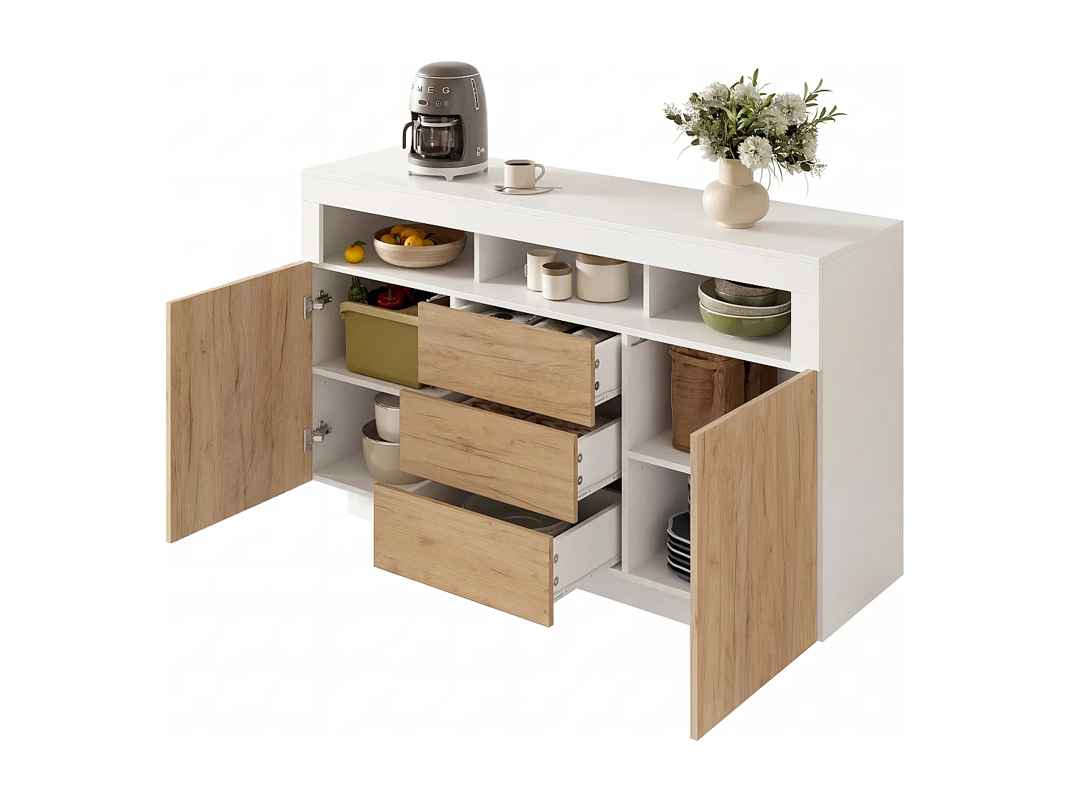 Modernes Sideboard fürs Wohnzimmer – 140 x 40 x 85 cm – mit 3 Schubladen und 2 Türen – Spanplatte – weiß + natur