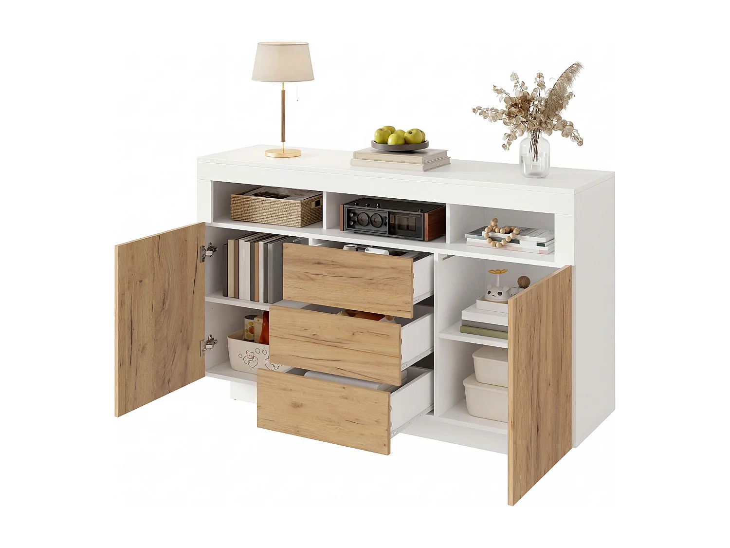 Modernes Sideboard fürs Wohnzimmer – 140 x 40 x 85 cm – mit 3 Schubladen und 2 Türen – Spanplatte – weiß + natur