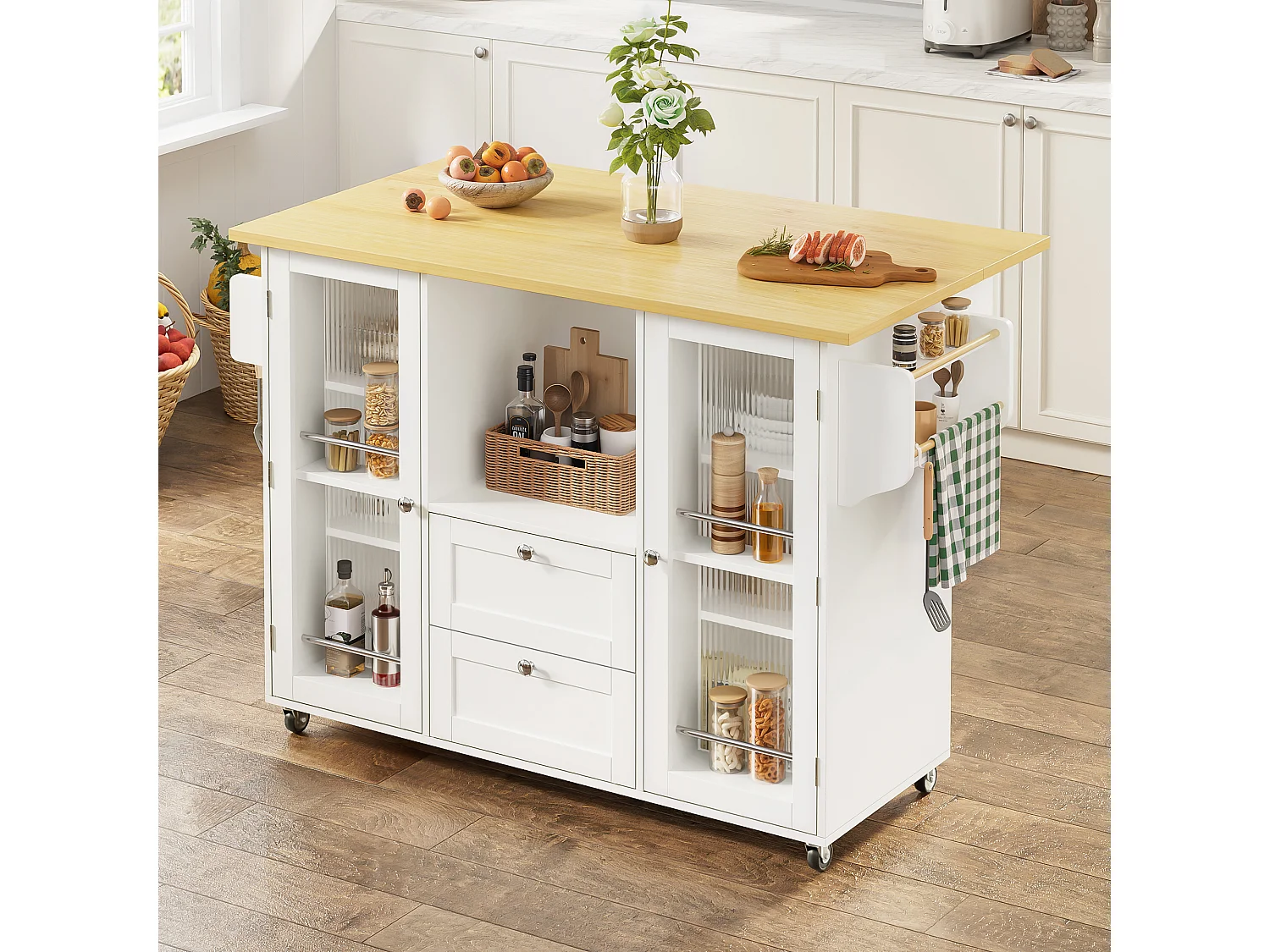 Ilha de cozinha móvel - 120 x 45/70 x 92 cm - com bancada dobrável + 2 gavetas + portas - MDF - branco + natural