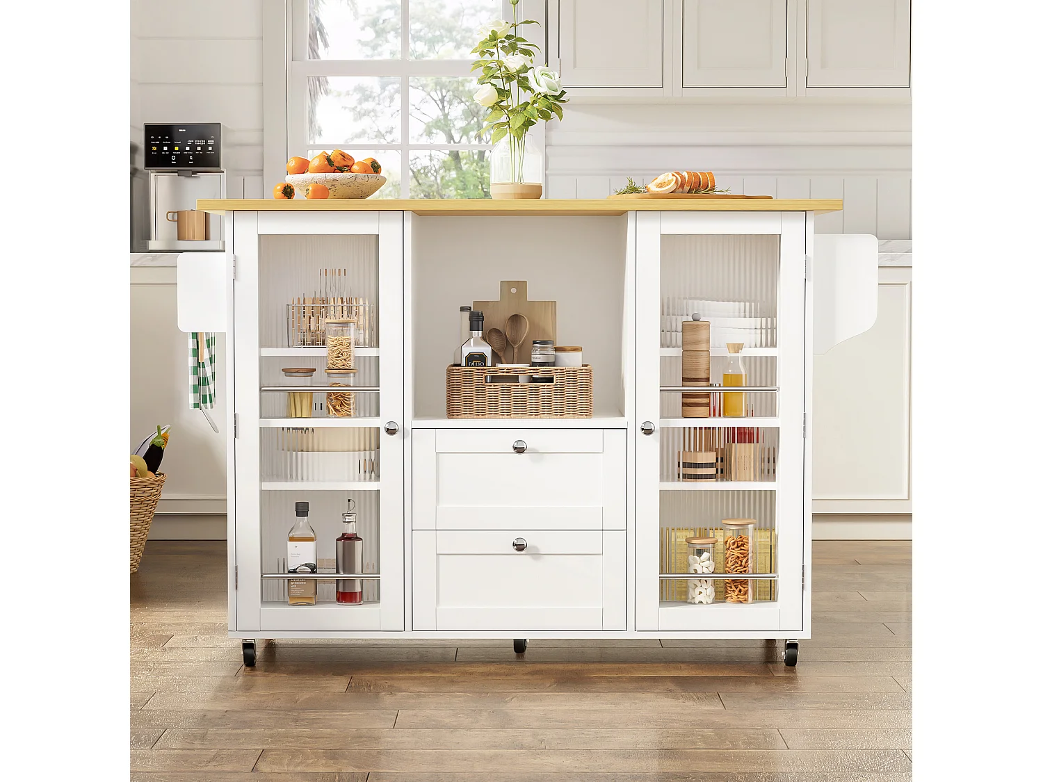 Ilha de cozinha móvel - 120 x 45/70 x 92 cm - com bancada dobrável + 2 gavetas + portas - MDF - branco + natural