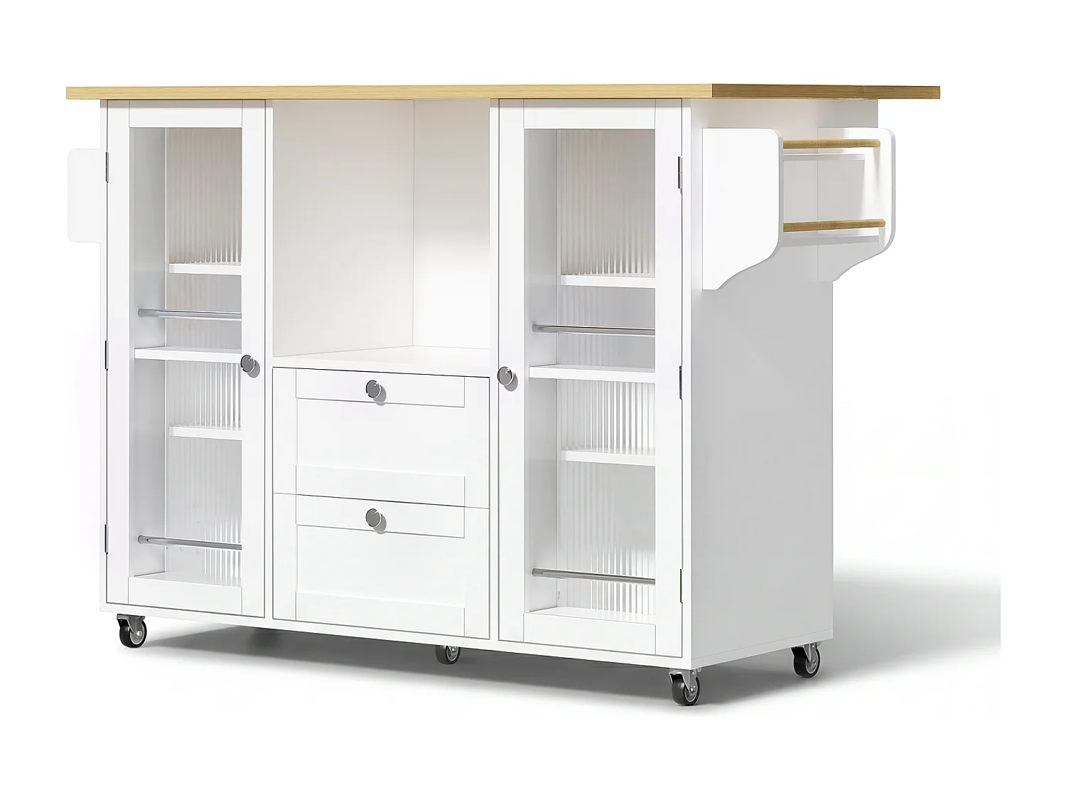Ilha de cozinha móvel - 120 x 45/70 x 92 cm - com bancada dobrável + 2 gavetas + portas - MDF - branco + natural