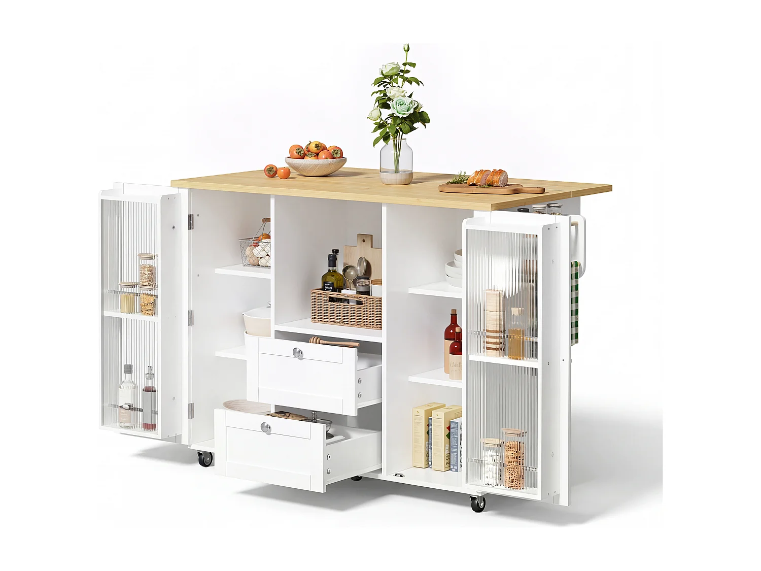 Ilha de cozinha móvel - 120 x 45/70 x 92 cm - com bancada dobrável + 2 gavetas + portas - MDF - branco + natural