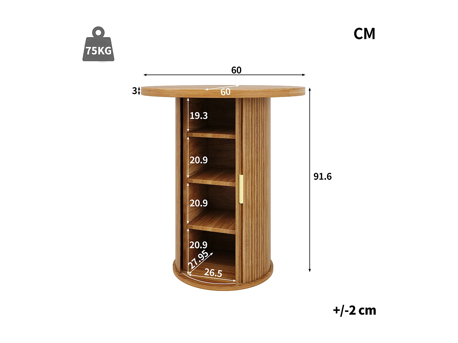 Ronde bartafel - 60 x 60 x 91 cm - met schuifdeur + planken - houtlook - MDF + metaal - naturel