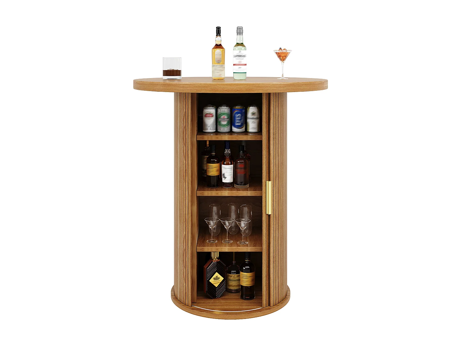 Ronde bartafel - 60 x 60 x 91 cm - met schuifdeur + planken - houtlook - MDF + metaal - naturel