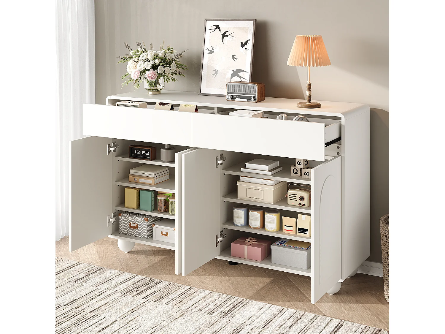 Modern dressoir voor de woonkamer - 140 x 38 x 89 cm - met 4 deuren + lade - ronde metalen poten - MDF - wit