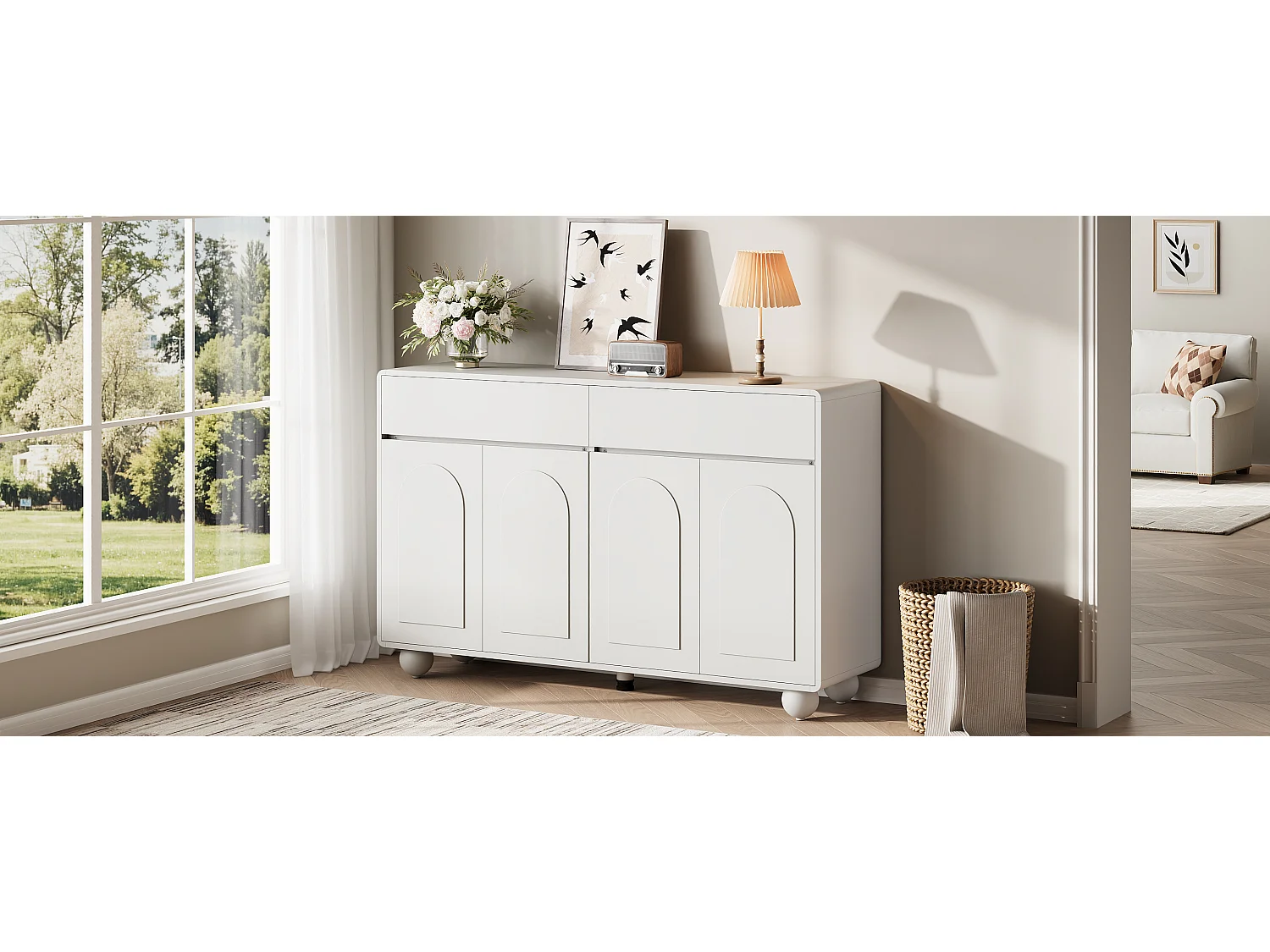 Modern dressoir voor de woonkamer - 140 x 38 x 89 cm - met 4 deuren + lade - ronde metalen poten - MDF - wit