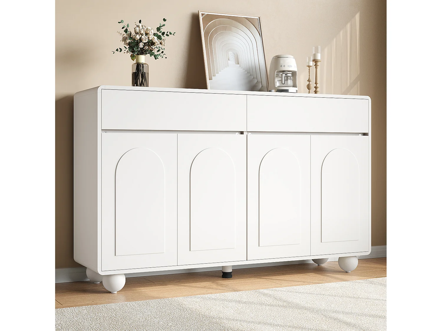 Modern dressoir voor de woonkamer - 140 x 38 x 89 cm - met 4 deuren + lade - ronde metalen poten - MDF - wit