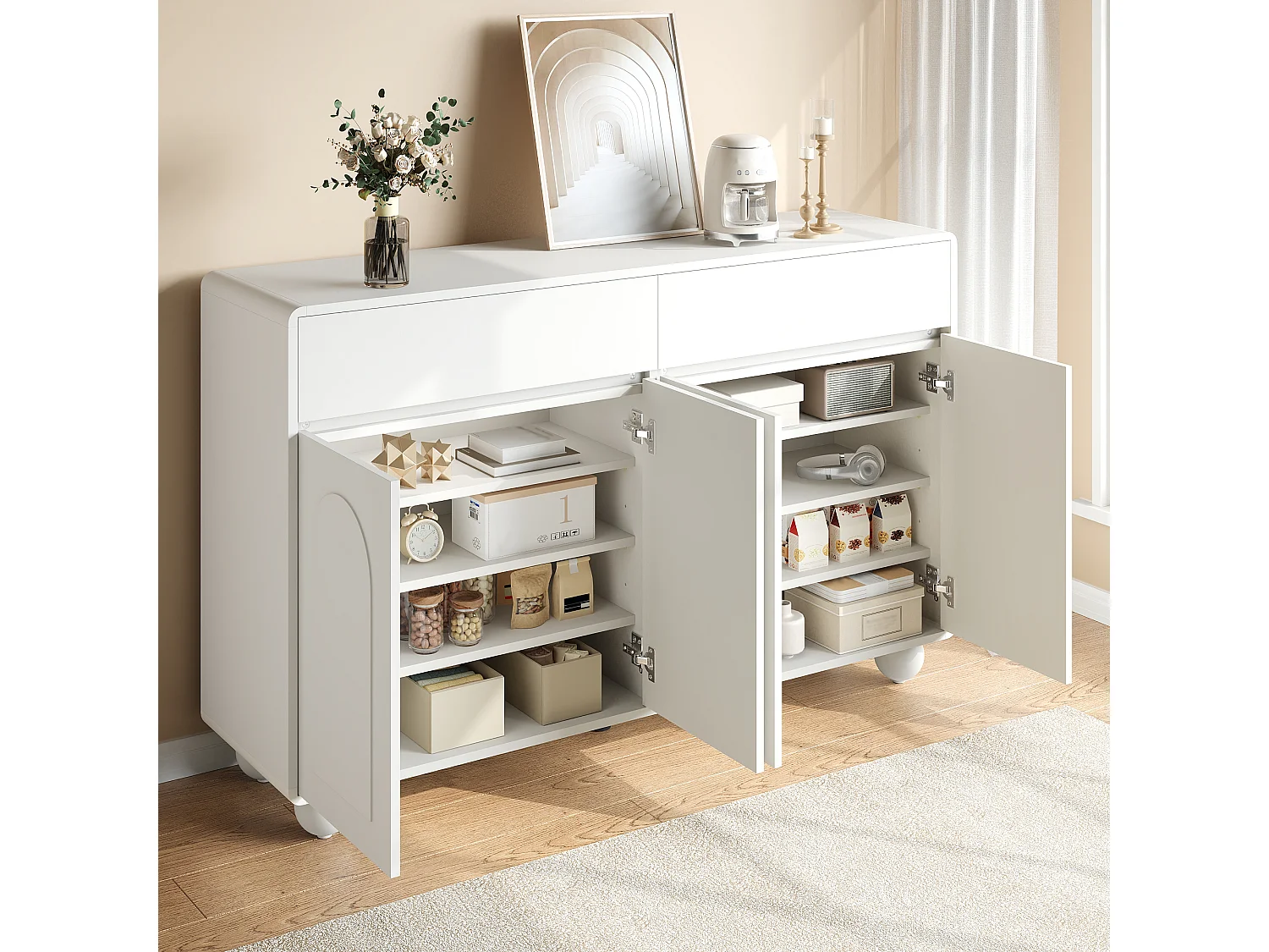 Modern dressoir voor de woonkamer - 140 x 38 x 89 cm - met 4 deuren + lade - ronde metalen poten - MDF - wit