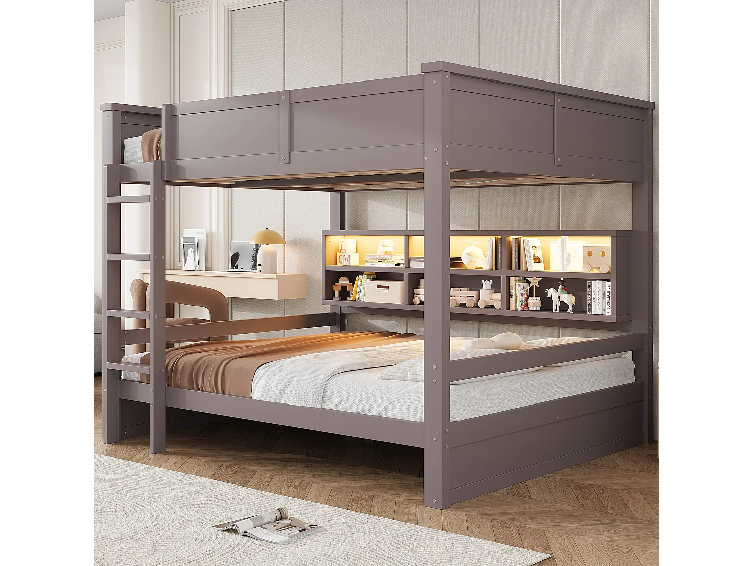 Kinder-Etagenbett – 2 x 160 x 200 cm – mit Ablagefächern und LEDs – MDF – braun