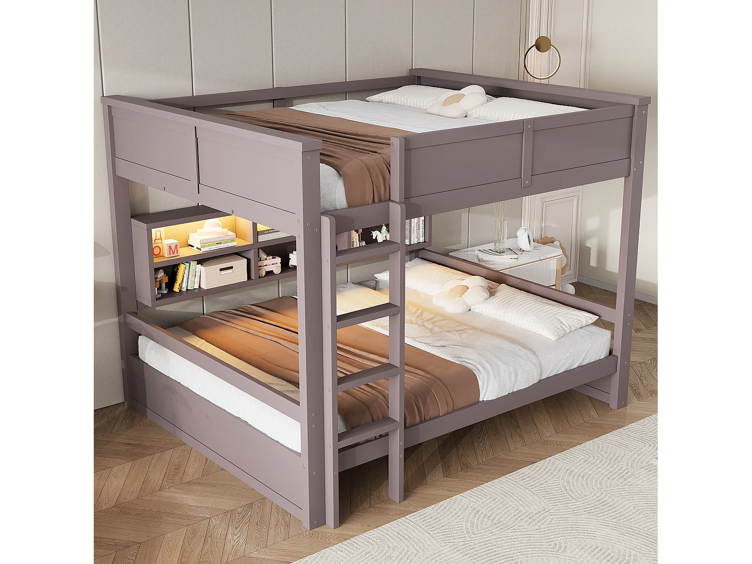 Kinder-Etagenbett – 2 x 160 x 200 cm – mit Ablagefächern und LEDs – MDF – braun