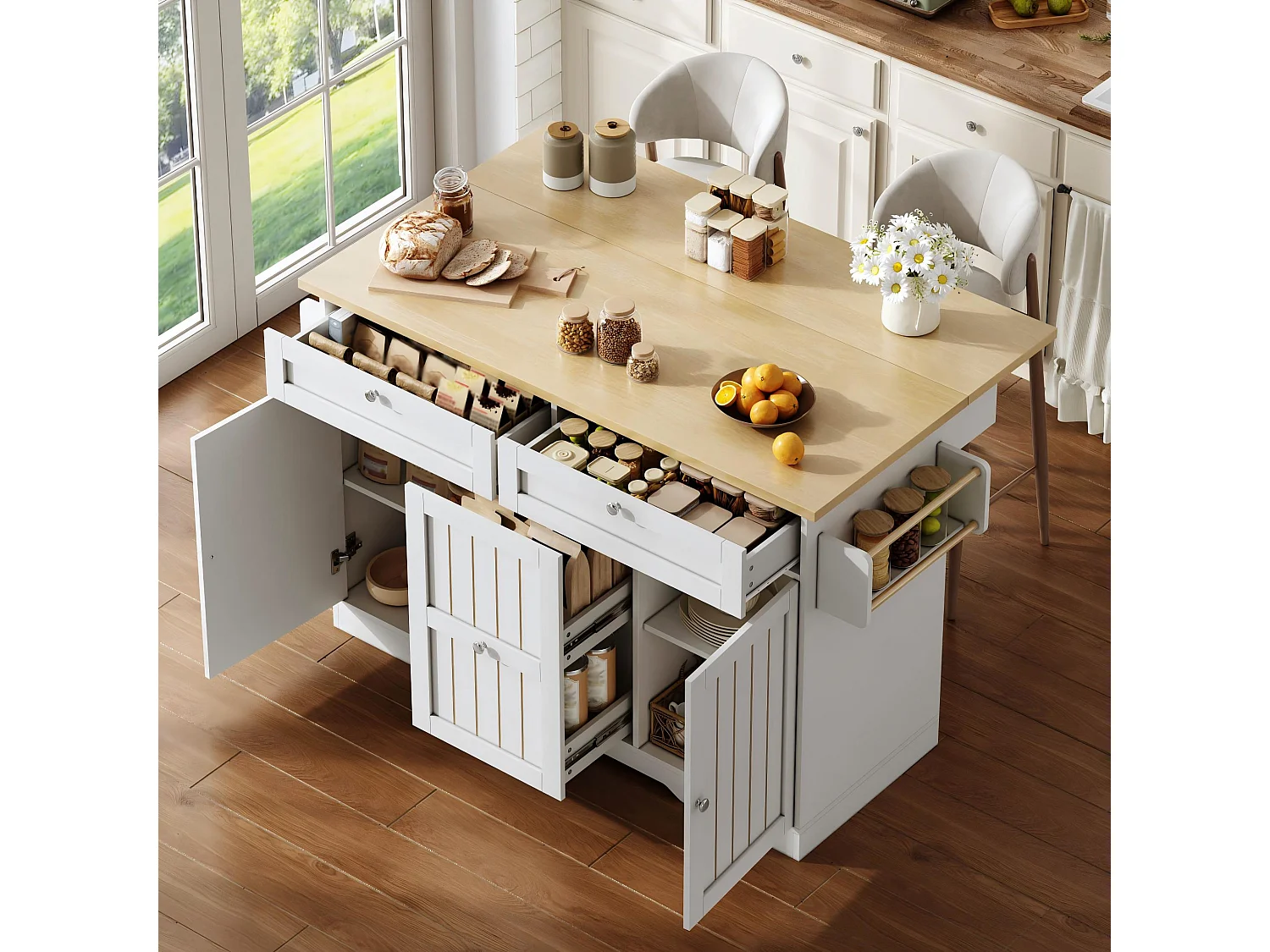 Verplaatsbaar keukeneiland - 120 x 45/70 x 92 cm - met inklapbaar werkblad + deuren + lades - MDF - wit