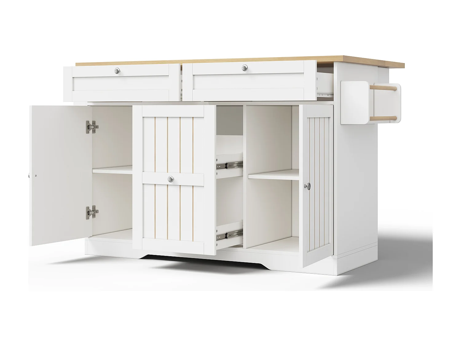 Verplaatsbaar keukeneiland - 120 x 45/70 x 92 cm - met inklapbaar werkblad + deuren + lades - MDF - wit