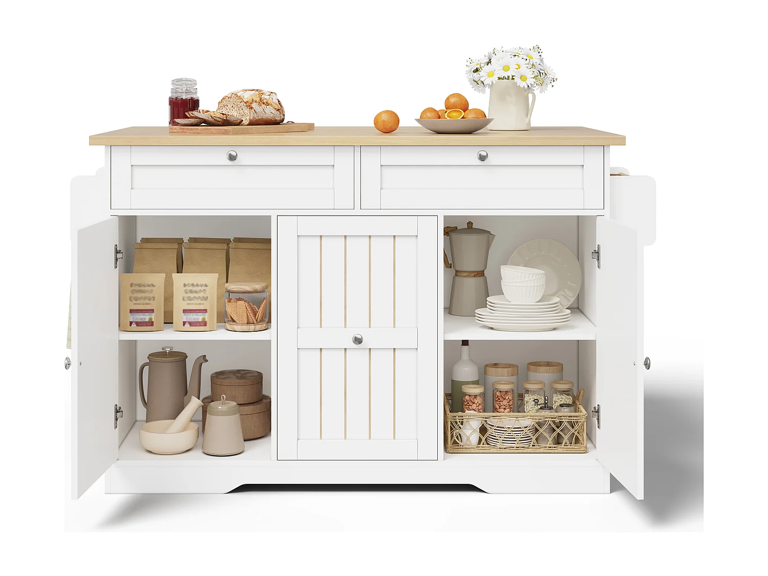 Verplaatsbaar keukeneiland - 120 x 45/70 x 92 cm - met inklapbaar werkblad + deuren + lades - MDF - wit
