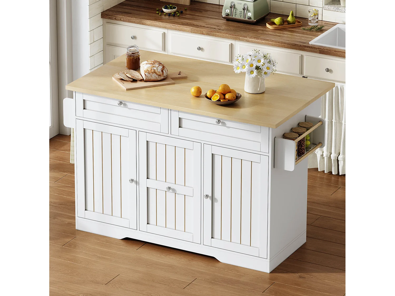 Verplaatsbaar keukeneiland - 120 x 45/70 x 92 cm - met inklapbaar werkblad + deuren + lades - MDF - wit