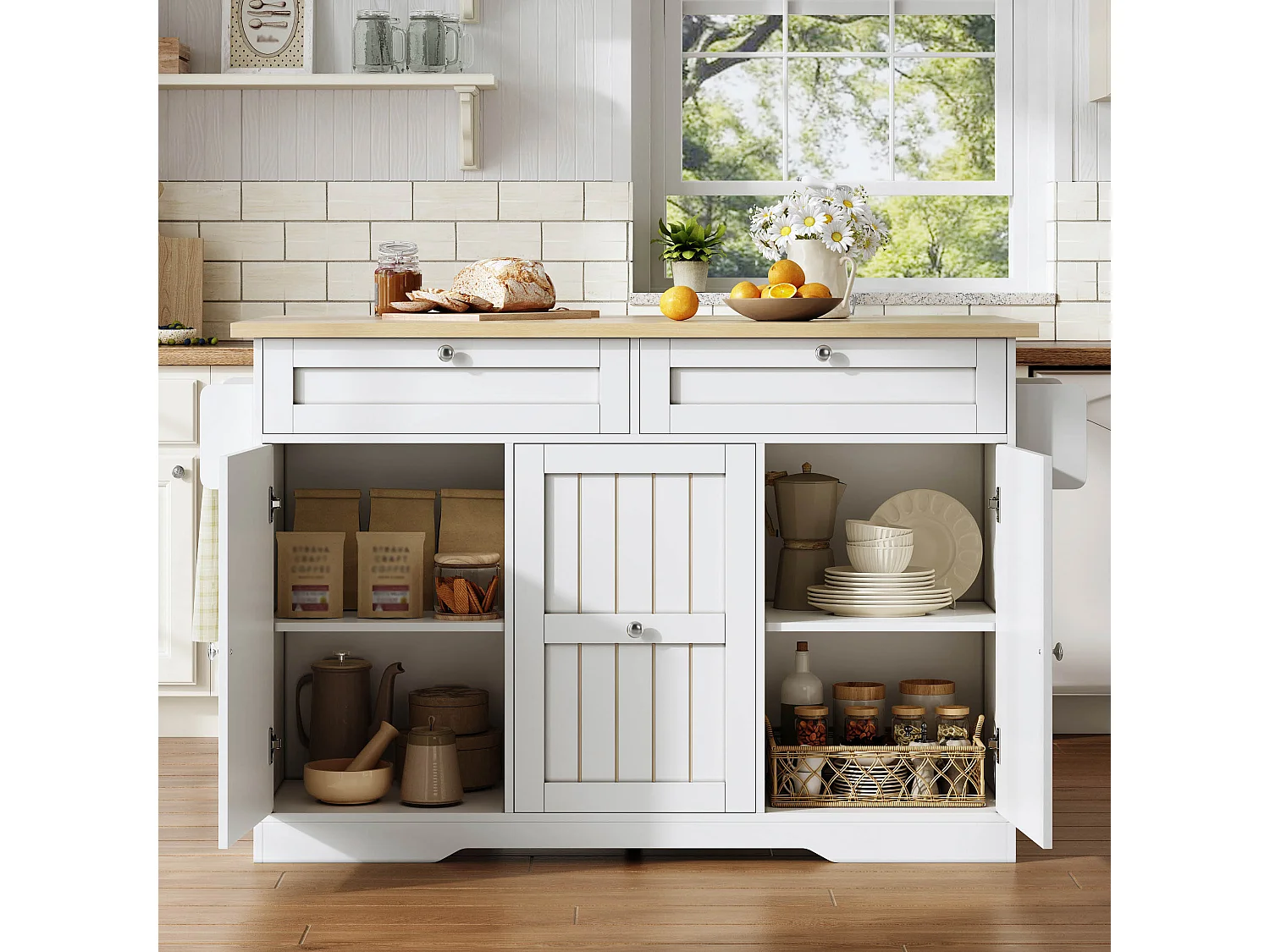 Verplaatsbaar keukeneiland - 120 x 45/70 x 92 cm - met inklapbaar werkblad + deuren + lades - MDF - wit