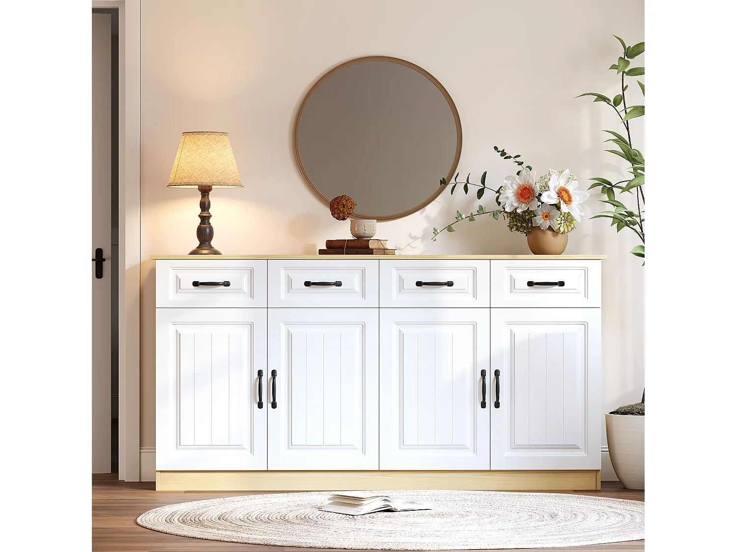 Nowoczesna komoda - 160 x 35 x 80 cm - z 4 szufladami + 4 drzwiami + 8 metalowymi uchwytami - MDF - biała + naturalna