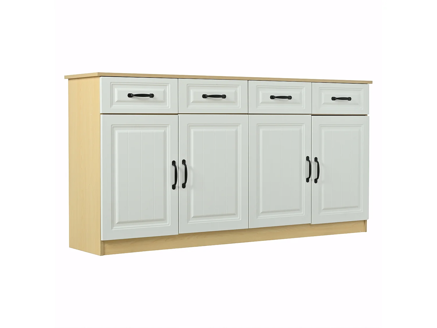 Nowoczesna komoda - 160 x 35 x 80 cm - z 4 szufladami + 4 drzwiami + 8 metalowymi uchwytami - MDF - biała + naturalna