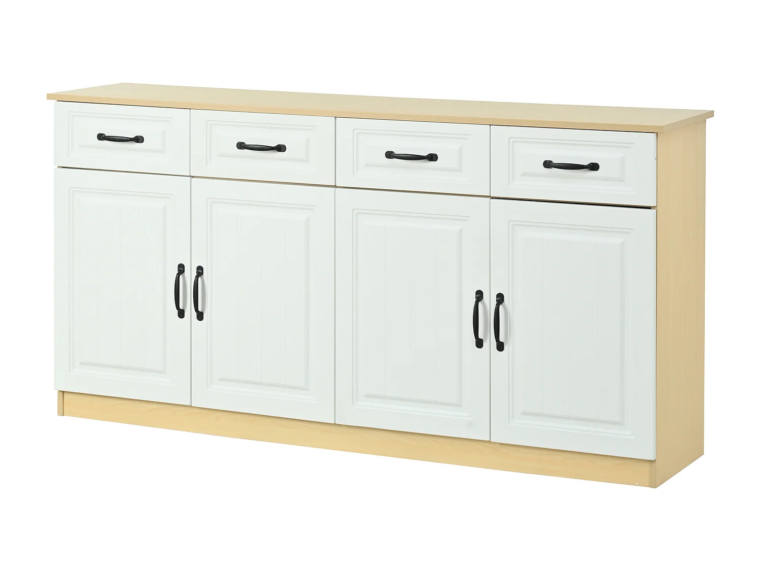 Nowoczesna komoda - 160 x 35 x 80 cm - z 4 szufladami + 4 drzwiami + 8 metalowymi uchwytami - MDF - biała + naturalna