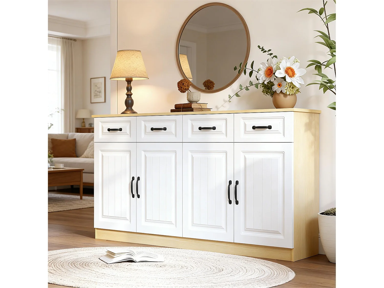 Nowoczesna komoda - 160 x 35 x 80 cm - z 4 szufladami + 4 drzwiami + 8 metalowymi uchwytami - MDF - biała + naturalna