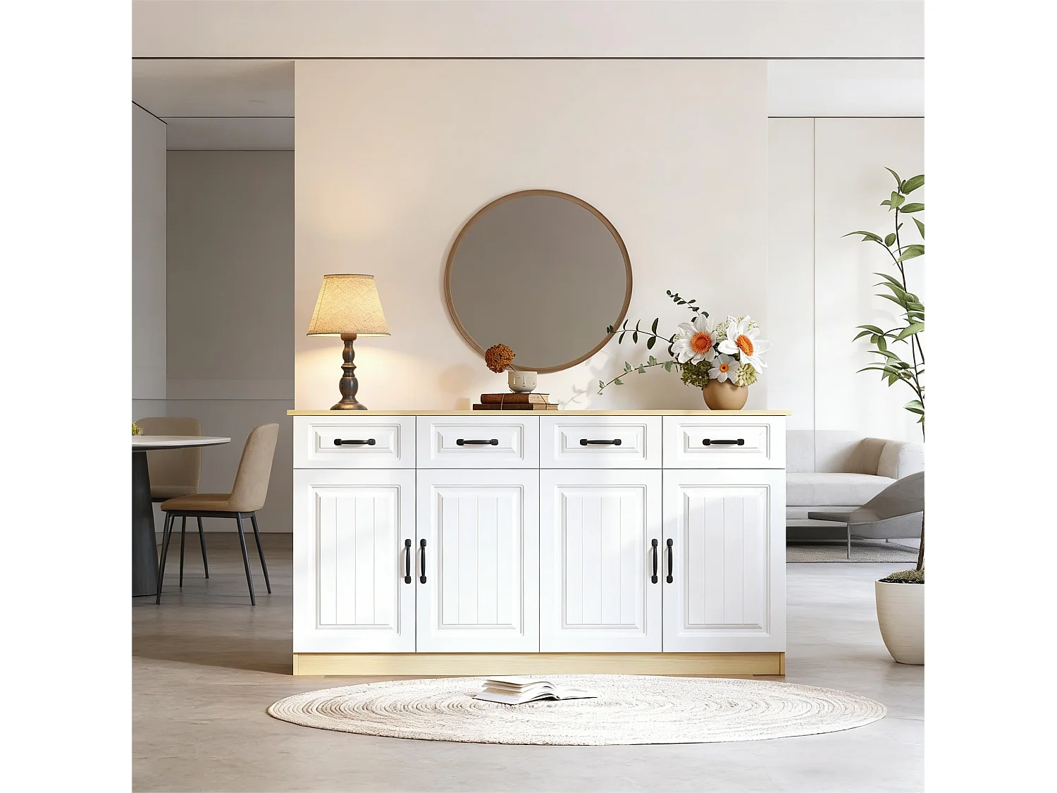 Nowoczesna komoda - 160 x 35 x 80 cm - z 4 szufladami + 4 drzwiami + 8 metalowymi uchwytami - MDF - biała + naturalna