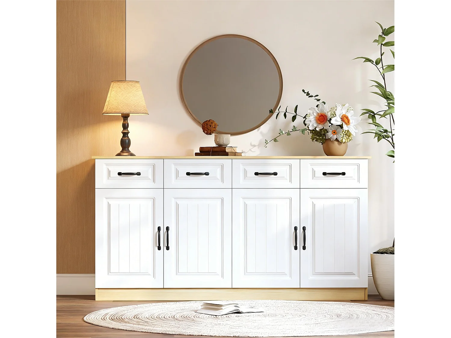 Nowoczesna komoda - 160 x 35 x 80 cm - z 4 szufladami + 4 drzwiami + 8 metalowymi uchwytami - MDF - biała + naturalna