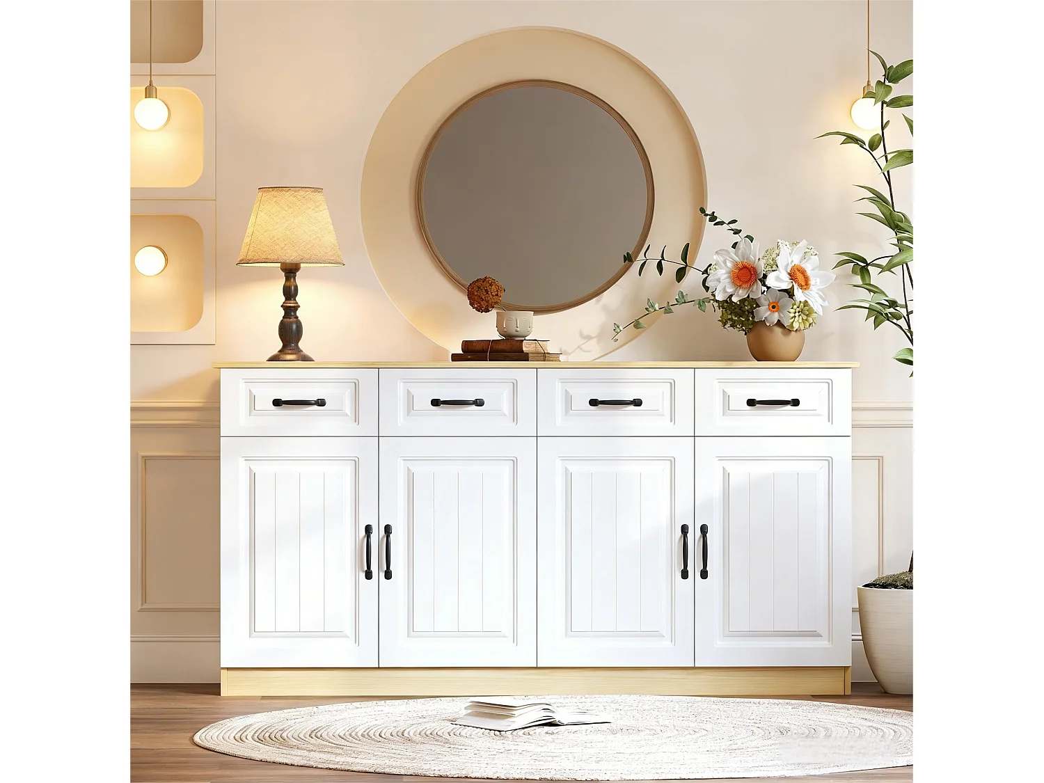 Nowoczesna komoda - 160 x 35 x 80 cm - z 4 szufladami + 4 drzwiami + 8 metalowymi uchwytami - MDF - biała + naturalna
