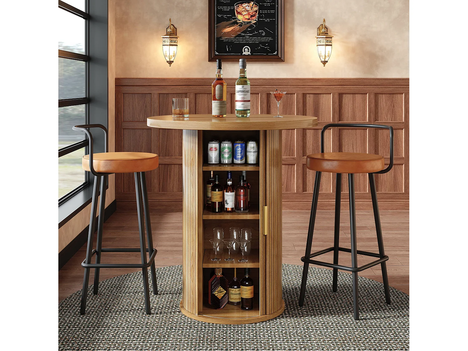 3-delige bartafel- en barkrukkenset - tafel met opbergruimte + 2 ergonomische barkrukken - MDF + metaal - naturel