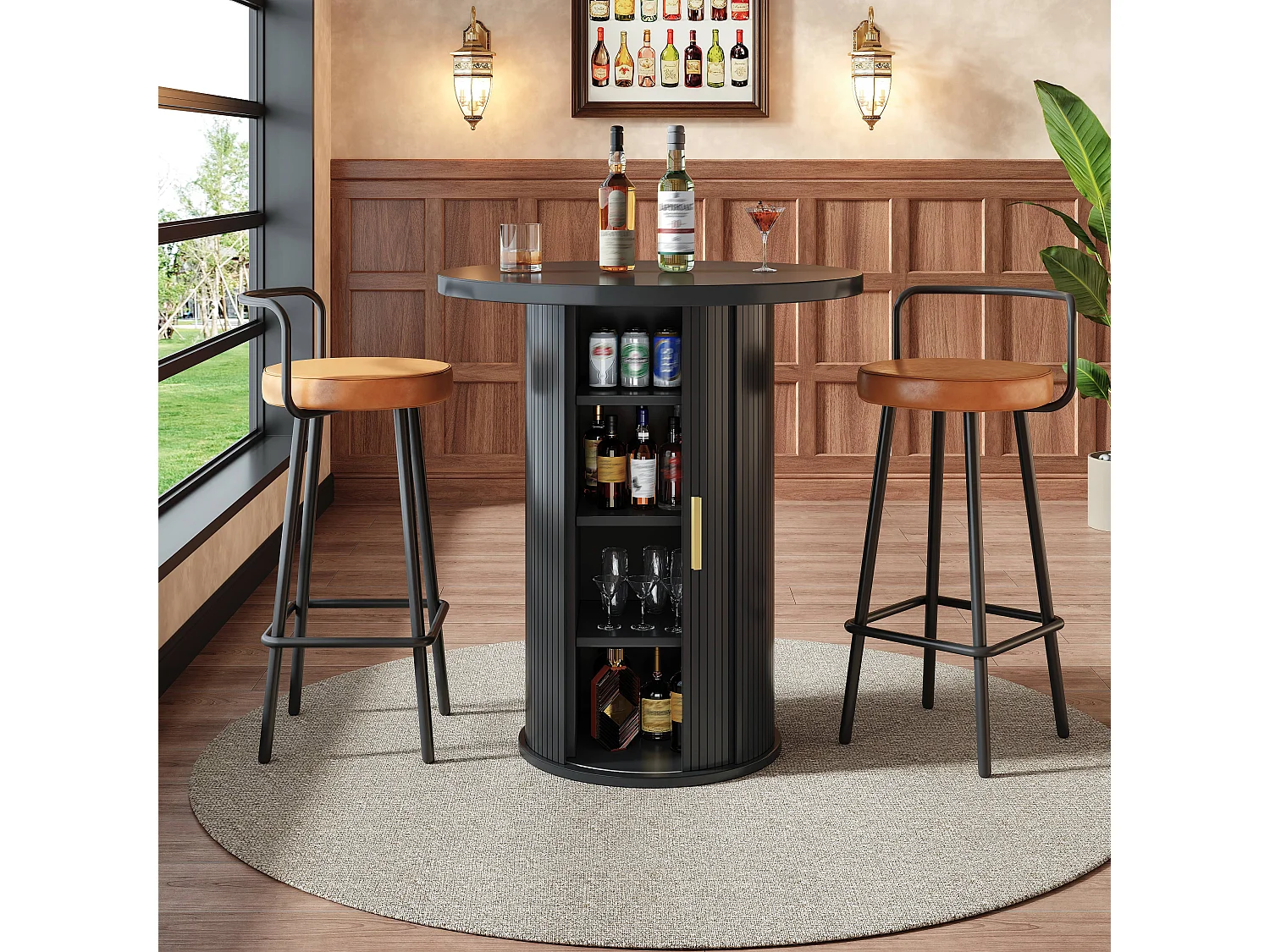 Table de bar ronde - 60 x 60 x 91 cm - avec porte coulissantes + étagères - aspect bois - MDF + métal - noir