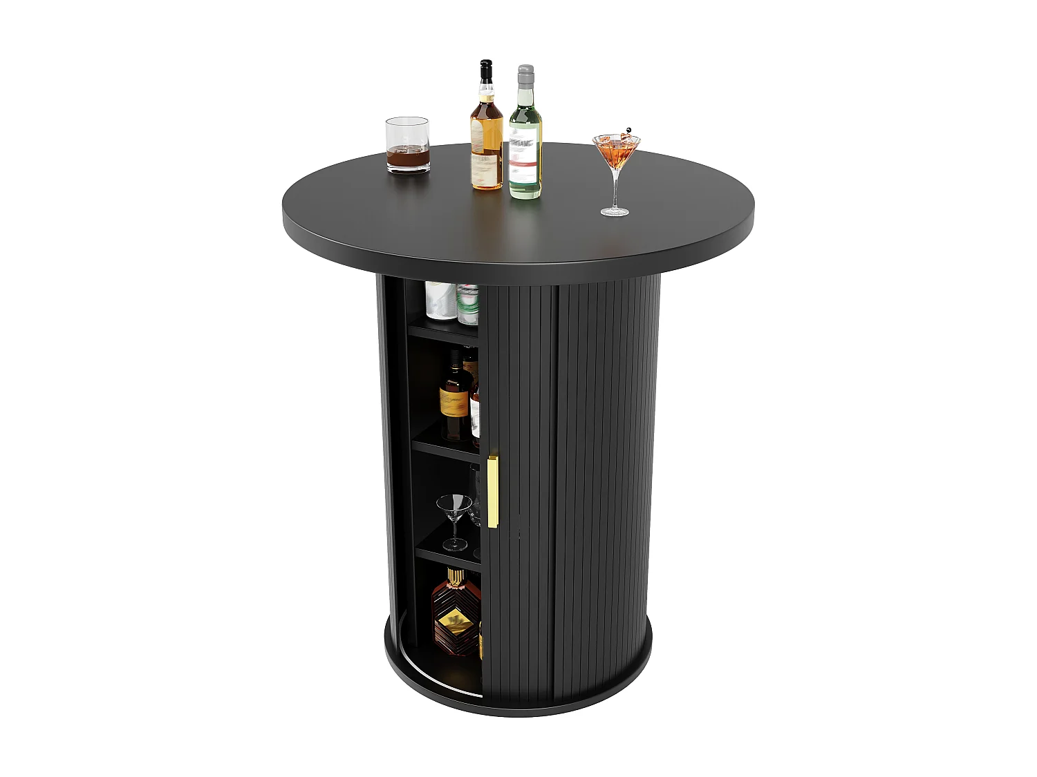 Table de bar ronde - 60 x 60 x 91 cm - avec porte coulissantes + étagères - aspect bois - MDF + métal - noir