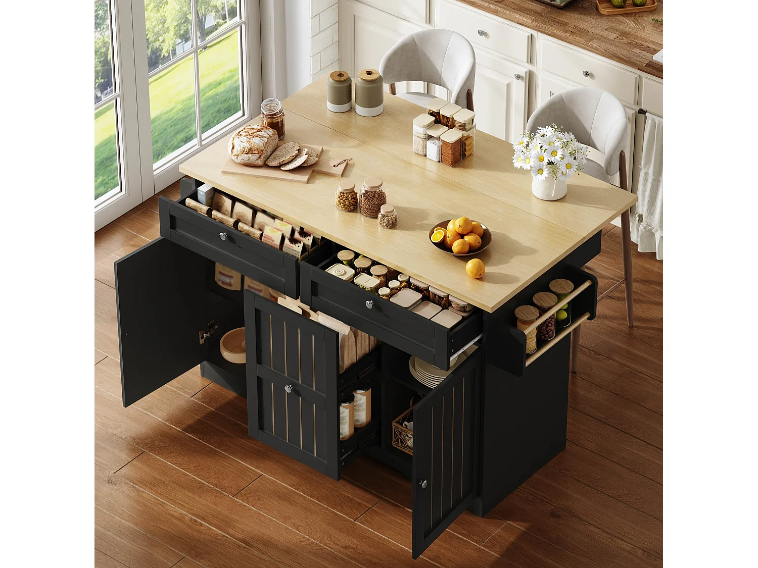Verplaatsbaar keukeneiland - 120 x 45/70 x 92 cm - met inklapbaar werkblad + deuren + lades - MDF - zwart