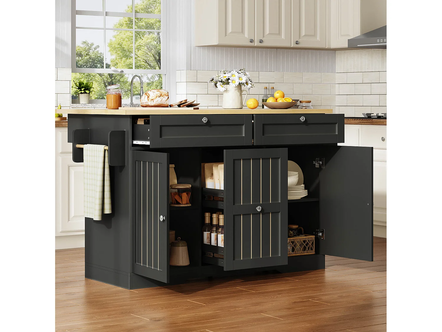 Verplaatsbaar keukeneiland - 120 x 45/70 x 92 cm - met inklapbaar werkblad + deuren + lades - MDF - zwart