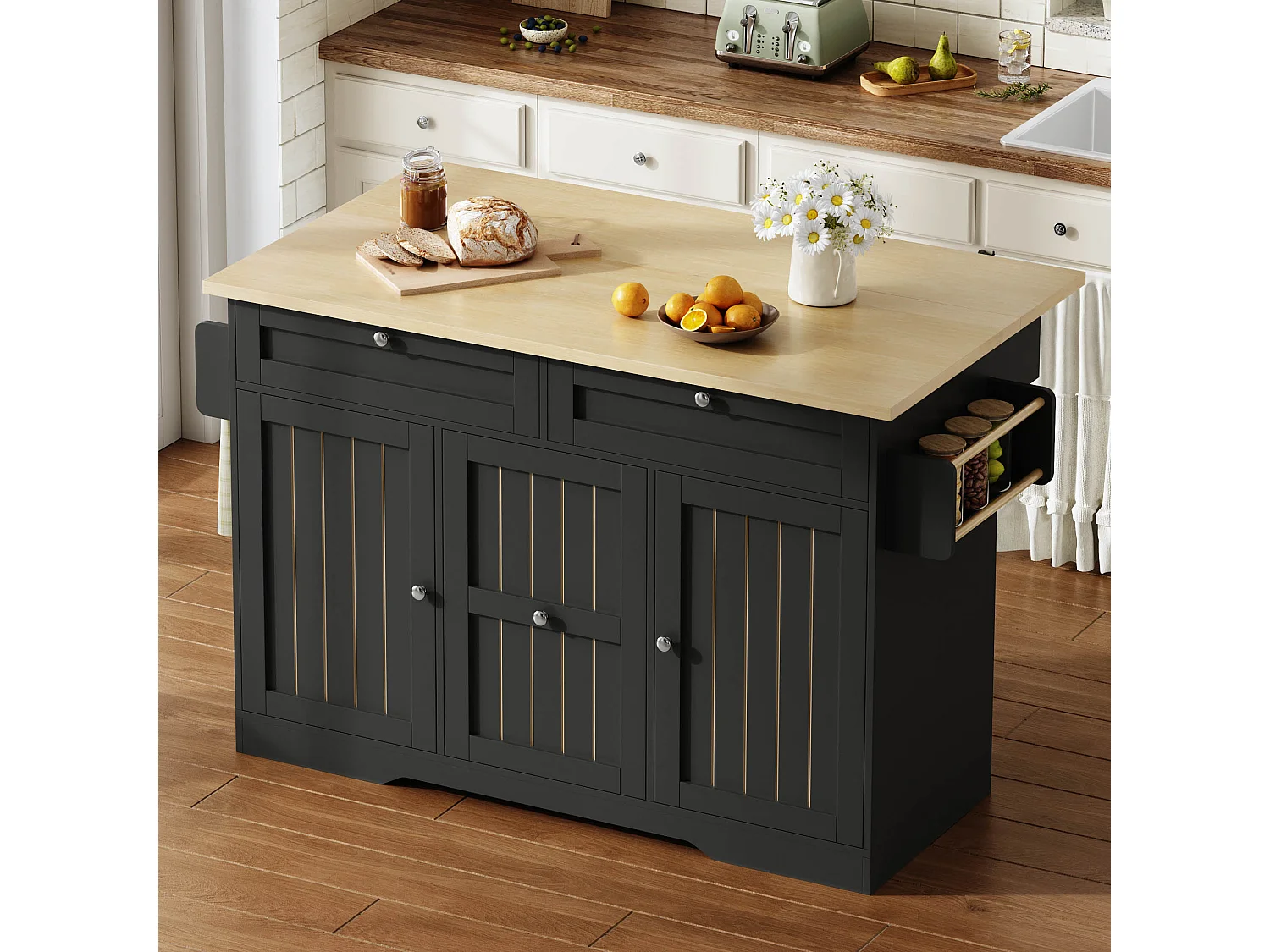 Verplaatsbaar keukeneiland - 120 x 45/70 x 92 cm - met inklapbaar werkblad + deuren + lades - MDF - zwart