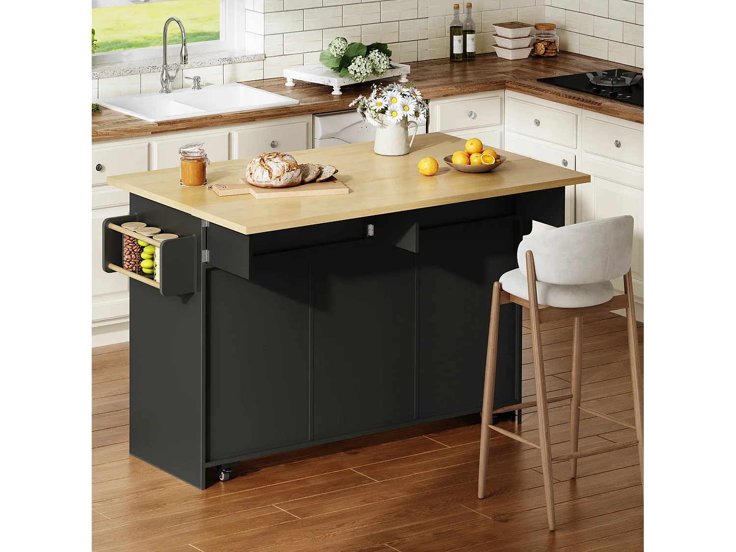 Verplaatsbaar keukeneiland - 120 x 45/70 x 92 cm - met inklapbaar werkblad + deuren + lades - MDF - zwart