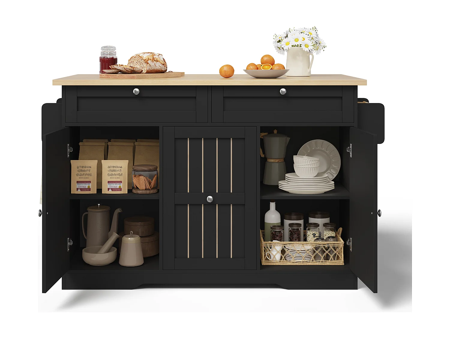 Verplaatsbaar keukeneiland - 120 x 45/70 x 92 cm - met inklapbaar werkblad + deuren + lades - MDF - zwart