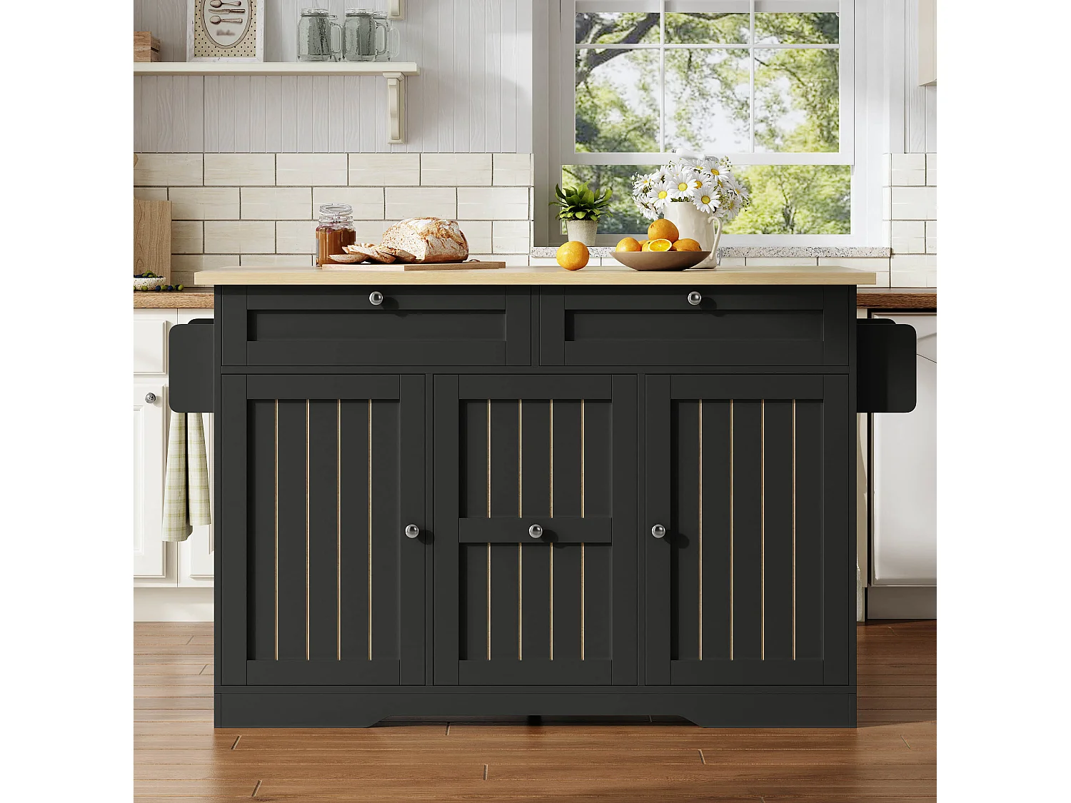 Verplaatsbaar keukeneiland - 120 x 45/70 x 92 cm - met inklapbaar werkblad + deuren + lades - MDF - zwart