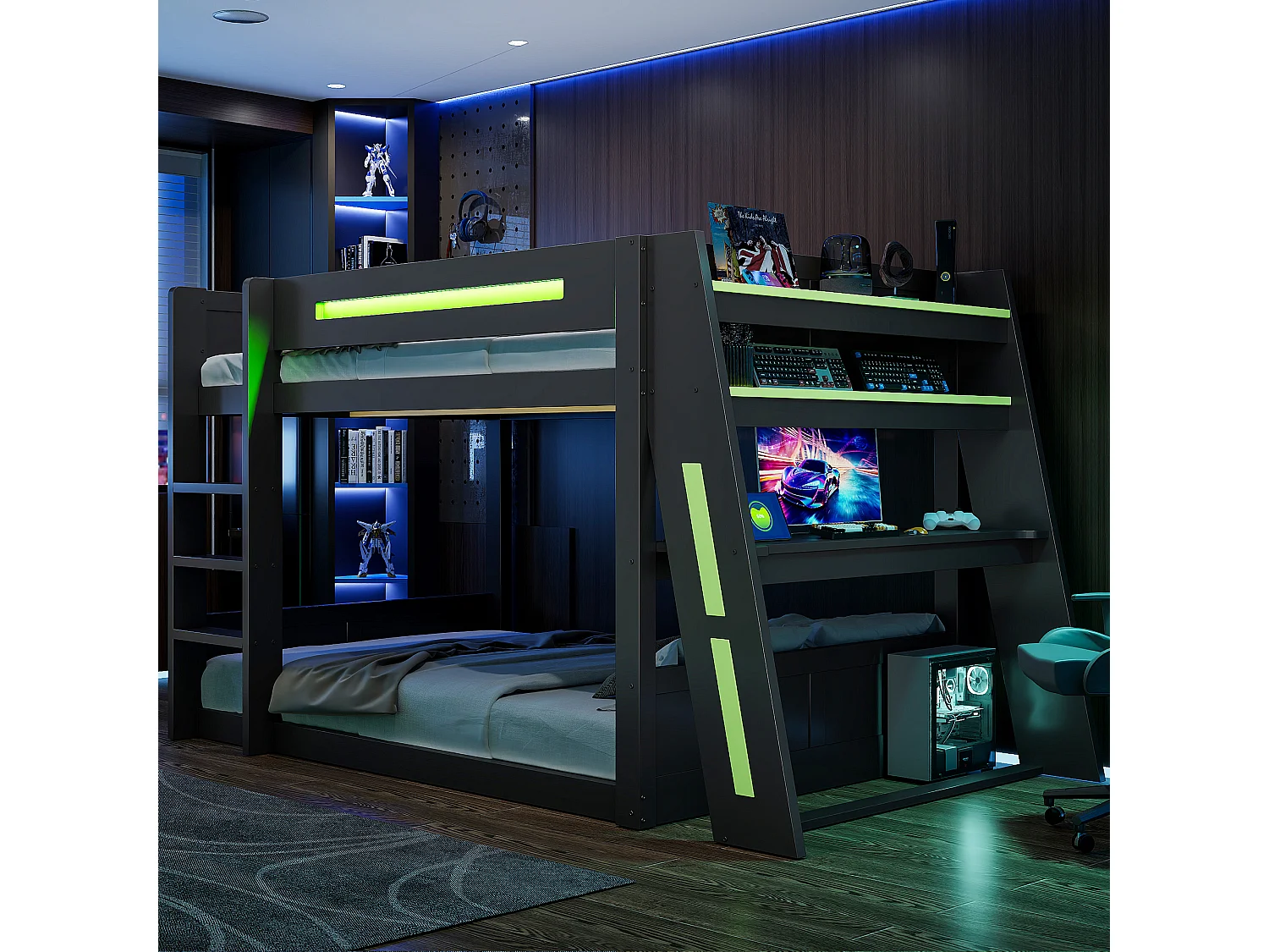 Kinder-Etagenbett aus Holz mit Gaming-Funktion – 140 x 200 cm – mit Schreibtisch, Ablagefächern, USB-Anschluss und LEDs – MDF – Schwarz