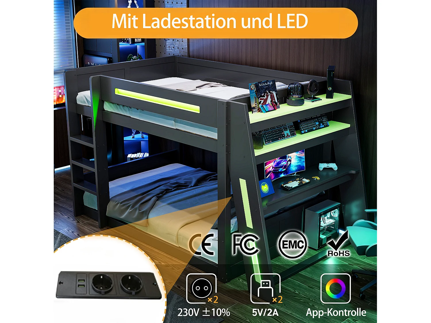 Kinder-Etagenbett aus Holz mit Gaming-Funktion – 140 x 200 cm – mit Schreibtisch, Ablagefächern, USB-Anschluss und LEDs – MDF – Schwarz