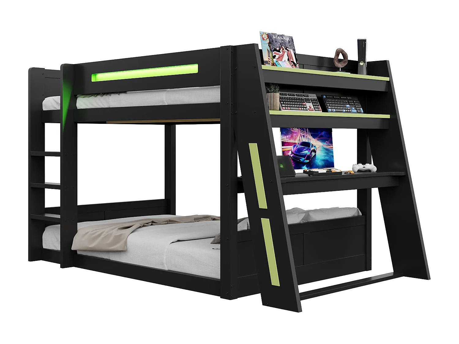 Kinder-Etagenbett aus Holz mit Gaming-Funktion – 140 x 200 cm – mit Schreibtisch, Ablagefächern, USB-Anschluss und LEDs – MDF – Schwarz