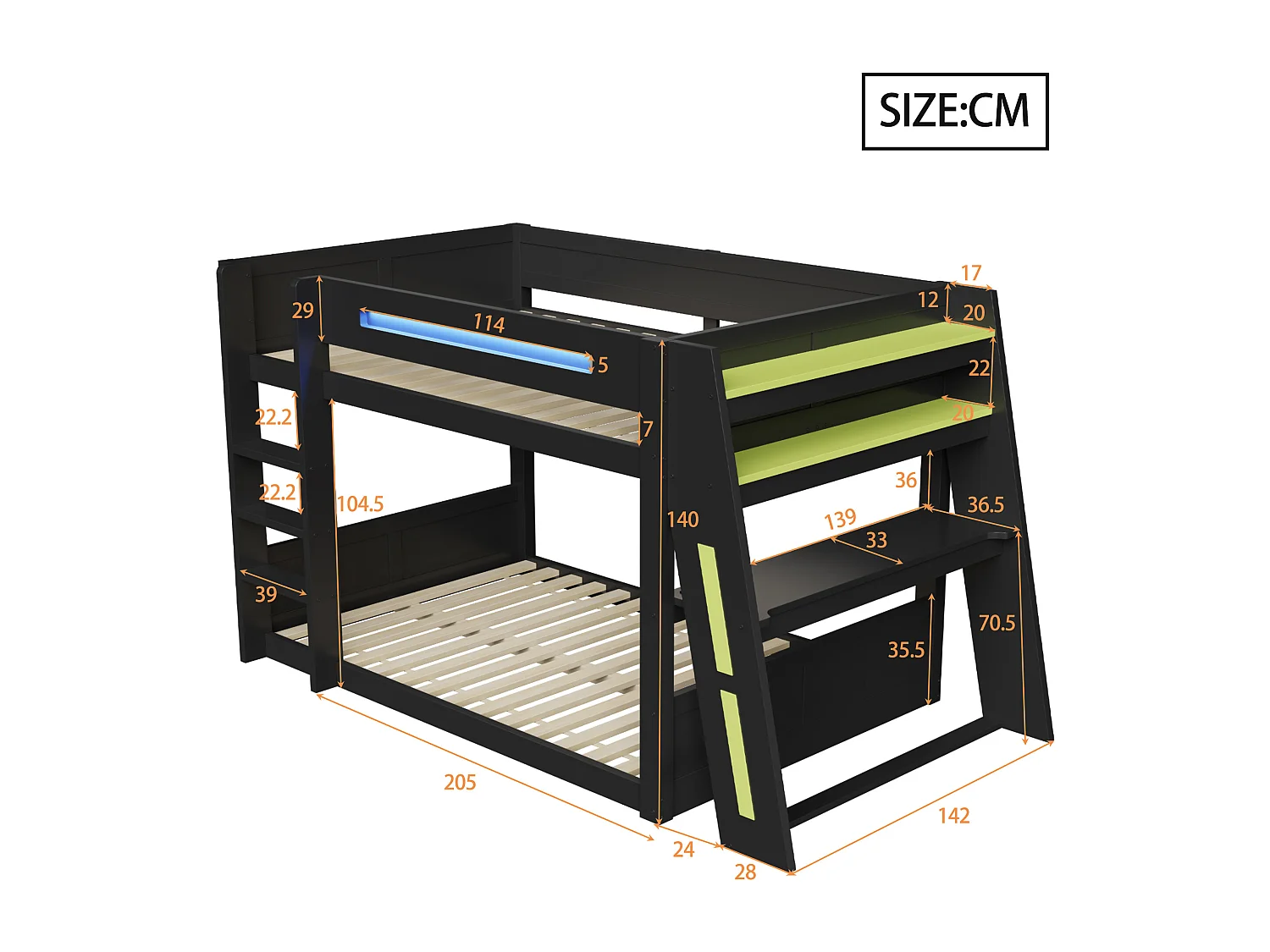 Kinder-Etagenbett aus Holz mit Gaming-Funktion – 140 x 200 cm – mit Schreibtisch, Ablagefächern, USB-Anschluss und LEDs – MDF – Schwarz