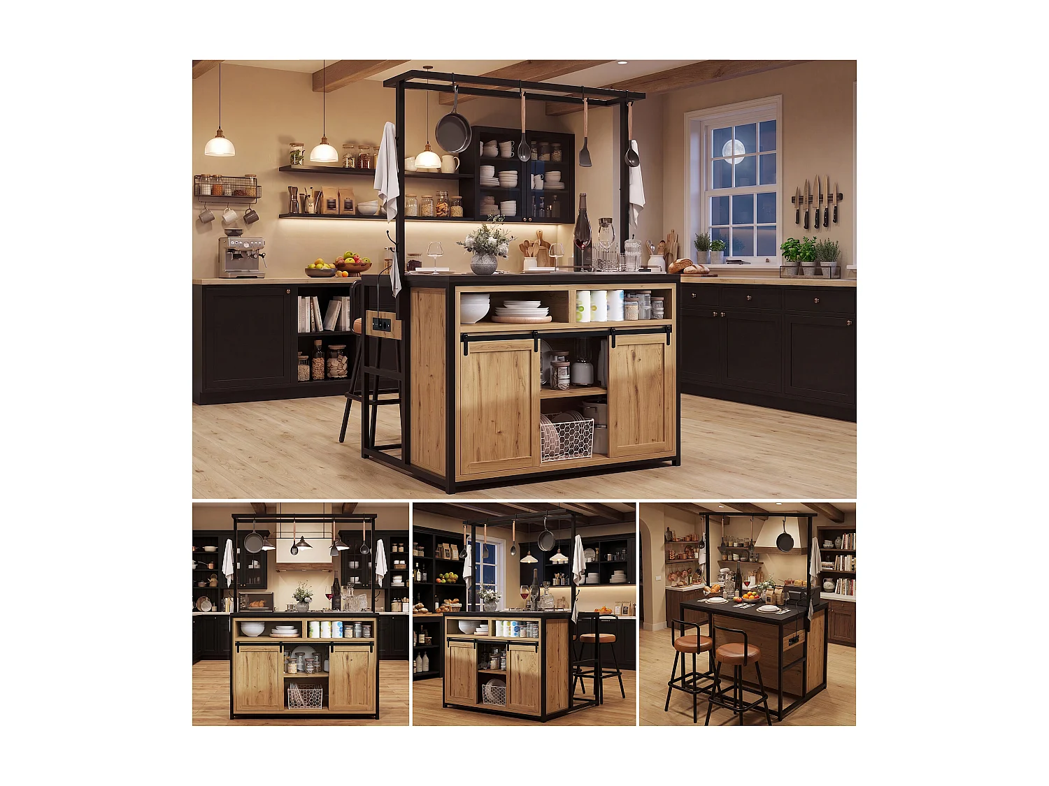 Ensemble Îlot central et tabourets 3 pièces - meuble de cuisine avec prise + tabourets de bar assortis - MDF + métal - naturel