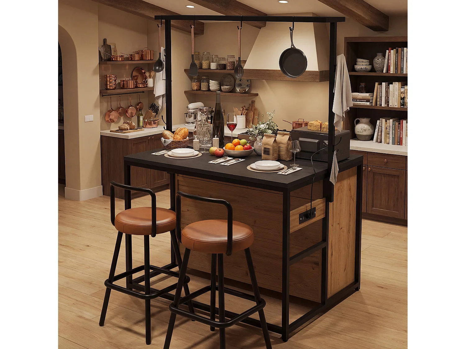 Ensemble Îlot central et tabourets 3 pièces - meuble de cuisine avec prise + tabourets de bar assortis - MDF + métal - naturel