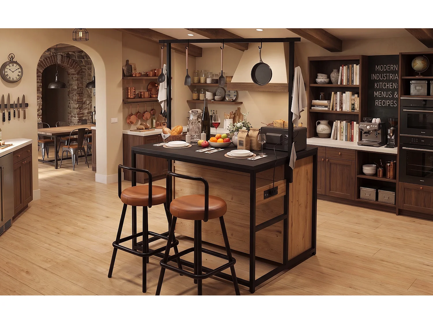 Ensemble Îlot central et tabourets 3 pièces - meuble de cuisine avec prise + tabourets de bar assortis - MDF + métal - naturel