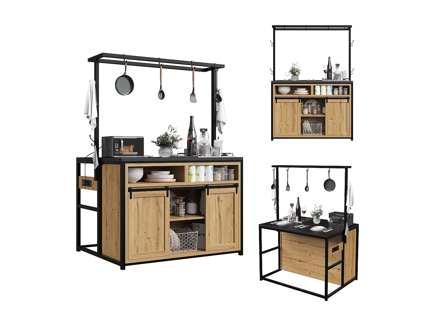 Ensemble Îlot central et tabourets 3 pièces - meuble de cuisine avec prise + tabourets de bar assortis - MDF + métal - naturel