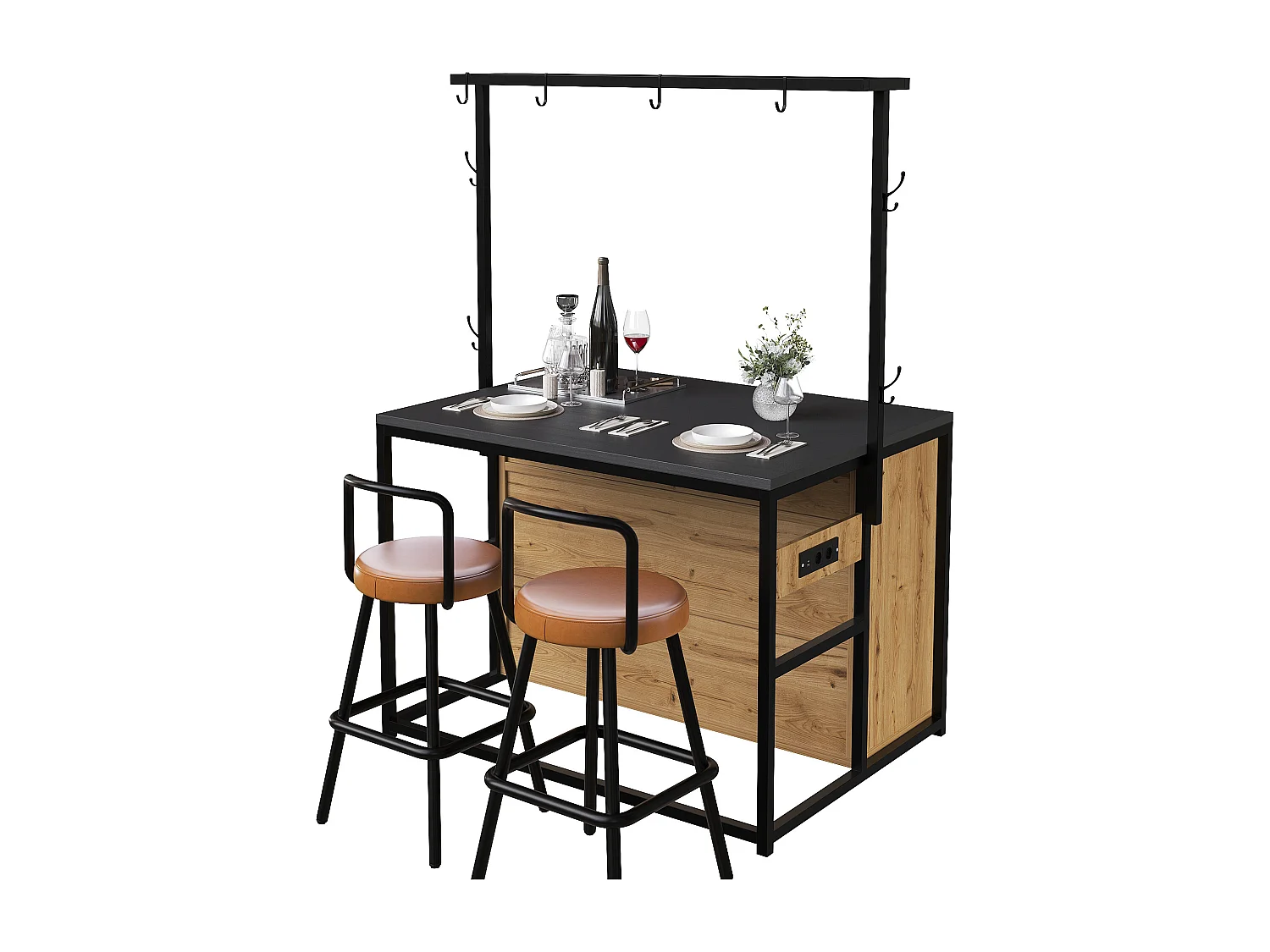 Ensemble Îlot central et tabourets 3 pièces - meuble de cuisine avec prise + tabourets de bar assortis - MDF + métal - naturel