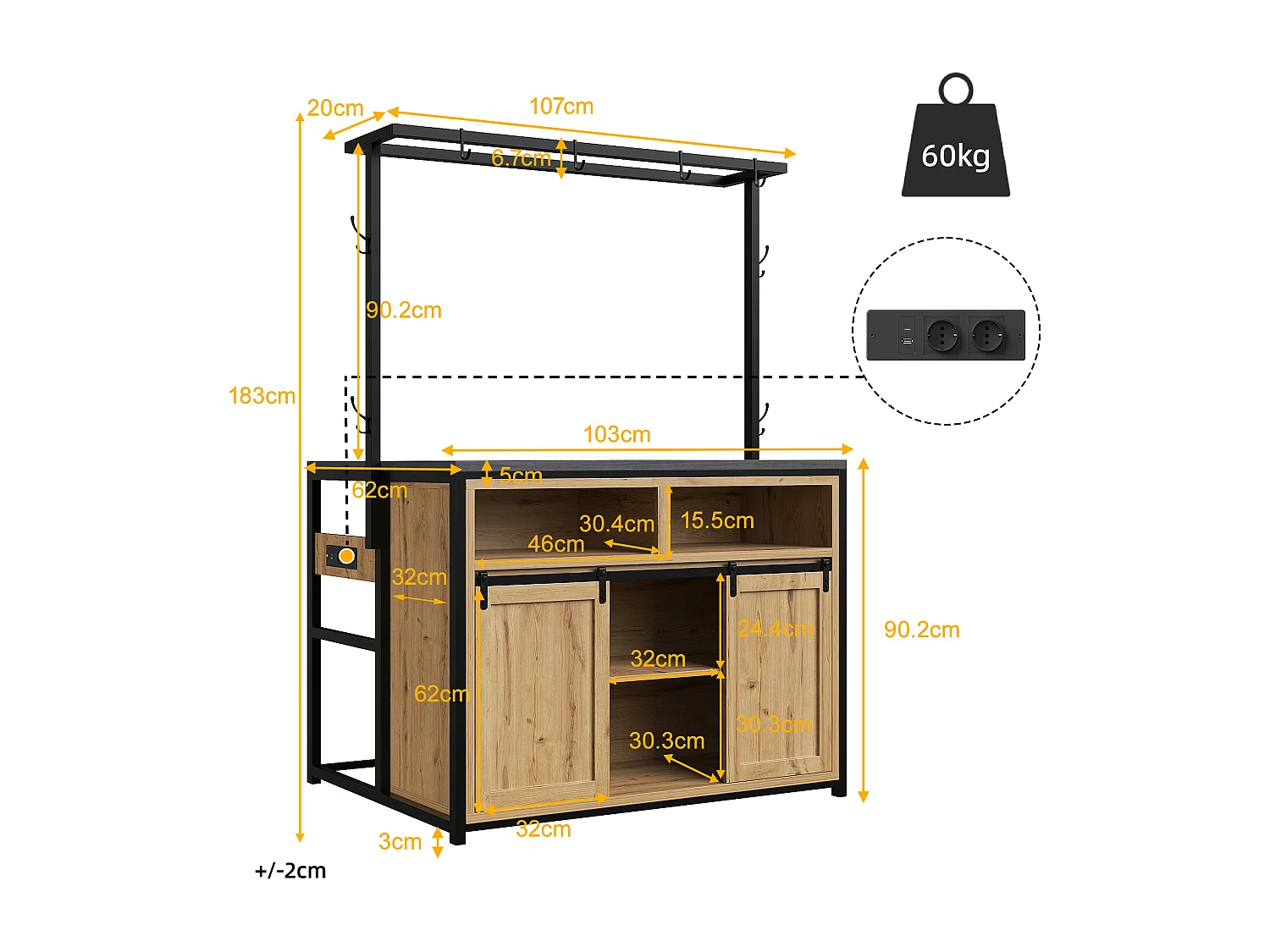 Ensemble Îlot central et tabourets 3 pièces - meuble de cuisine avec prise + tabourets de bar assortis - MDF + métal - naturel