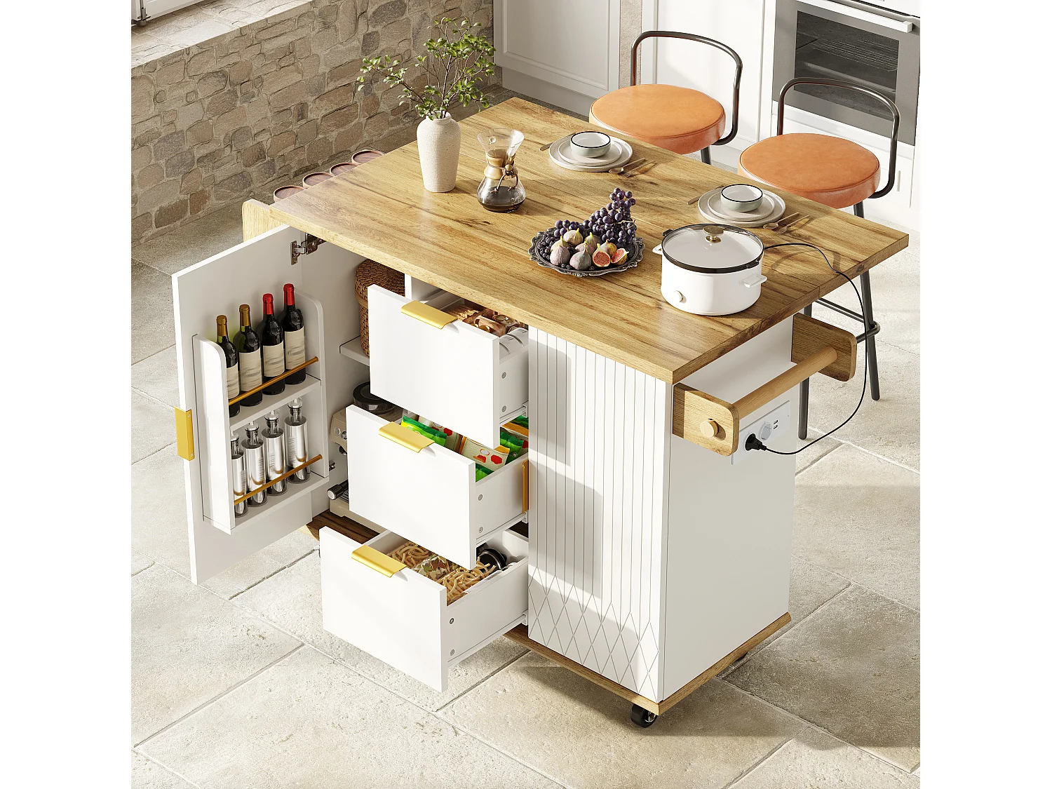 Ensemble Îlot central et tabourets 3 pièces - avec tiroirs + portes + tabourets de bar assortis - MDF + métal - blanc
