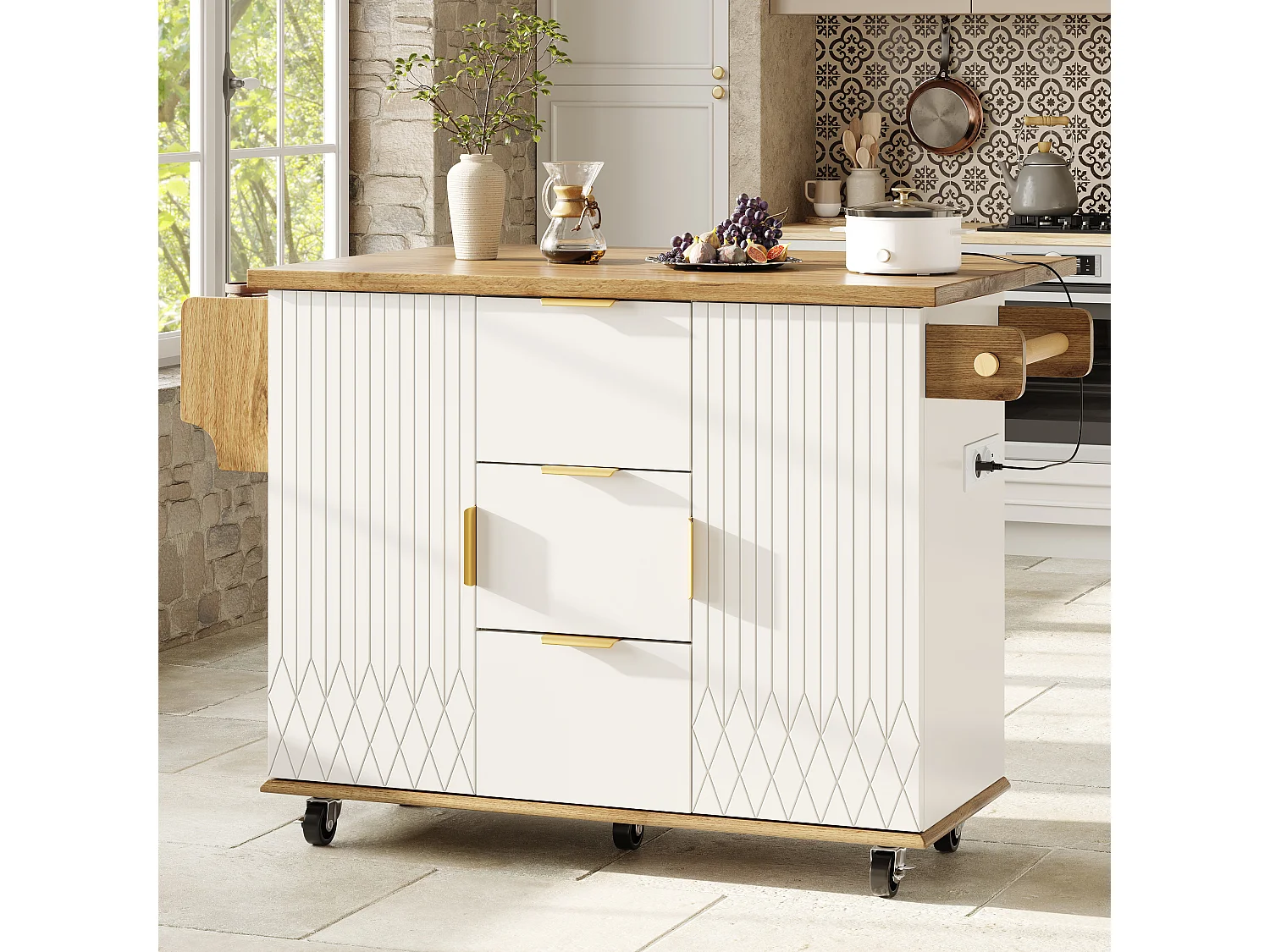 Ensemble Îlot central et tabourets 3 pièces - avec tiroirs + portes + tabourets de bar assortis - MDF + métal - blanc